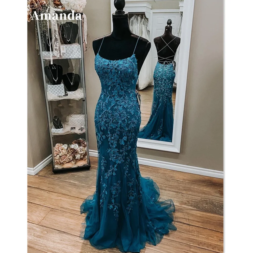 Amanda Sexy Spaghetti Strap Prom Dress Lace Embroidery Party Dress Blue Mermaid Evening Dresses Sexy Women Formal Party Dress