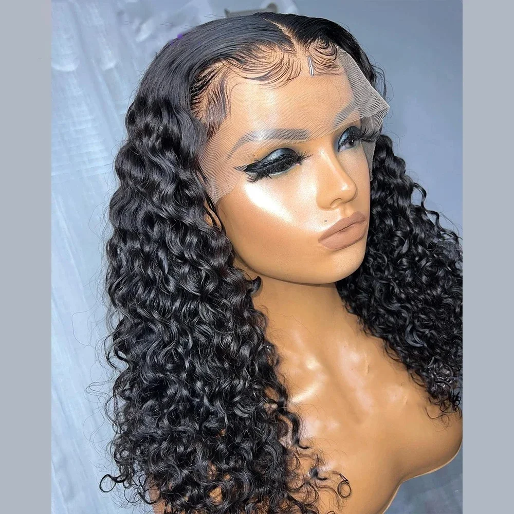 Glueless 26 นิ้วยาว Kinky Curly สีดําธรรมชาติ 180 ความหนาแน่นลึกวิกผมลูกไม้ด้านหน้าด้านหน้าสําหรับผู้หญิงที่มีผมเด็กก่อน Plucked ทุกวัน