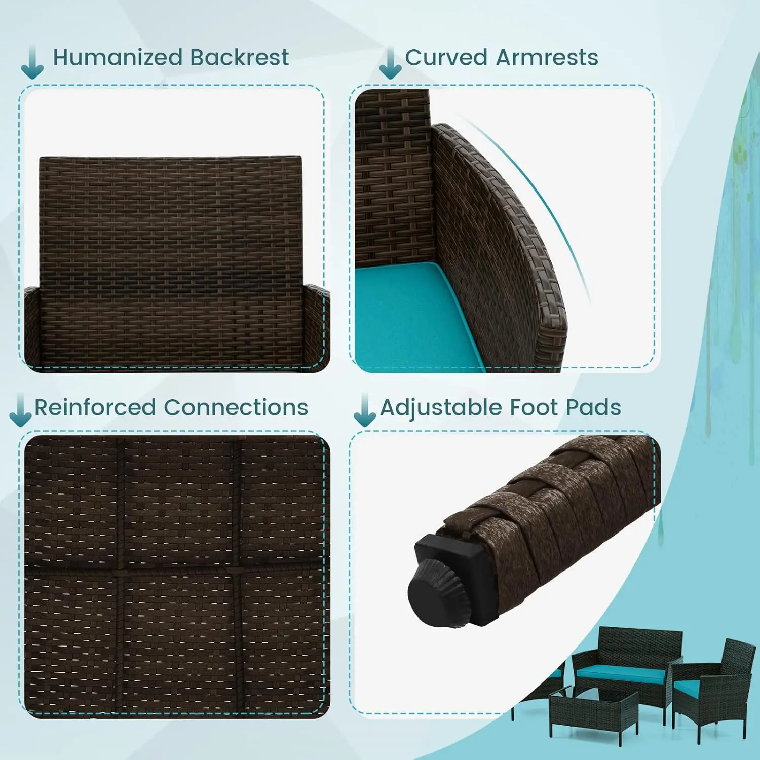 4 Piecest, Patio Wicker Furniture Set with Loveseat Chairs & Tempered Glass Coffee Table, Outside Sectional Sofa Set