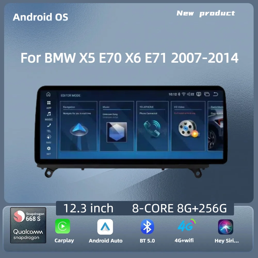 

For BMW X5 E70 X6 E71 2007-2014 Car Radio 12.3 inch Right Hand Drive Android 14 Wireless BT Carplay Snapdragon 680 Touch Screen