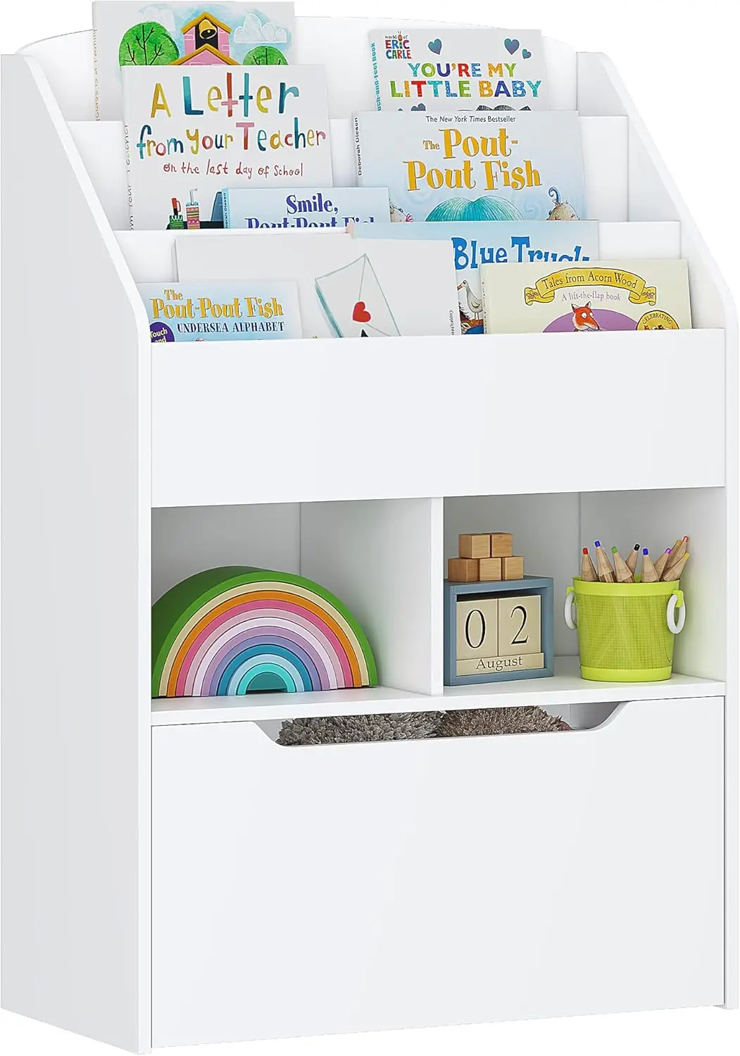 Wooden Book Display Kids Bookshelf & Toy Storage, Children Book Rack Bookcase Toybox Combo for Bedroom & Nursery, White