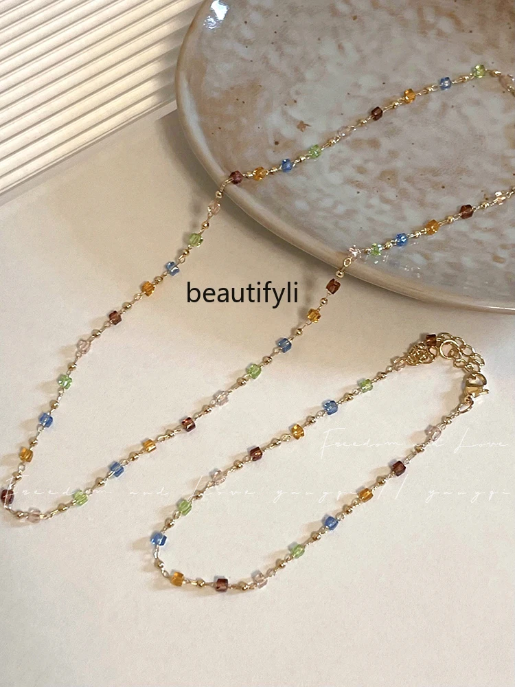 

Summer Dopamine Color Beaded Necklace Women's Light Luxury Niche Temperament Clavicle Chain All-Matching Western Style Necklace