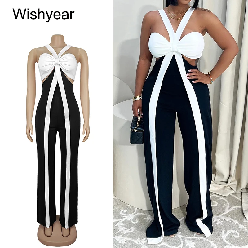

Wishyear модный сексуальный комбинезон без рукавов с открытыми плечами для женщин, повседневный цельный комбинезон с широкими штанинами, одежда для ночного клуба