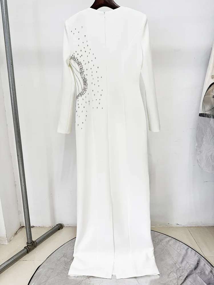 High street mais recente moda 2025 designer feminino manga longa luxuoso cristal diamantes frisado longo maxi vestido