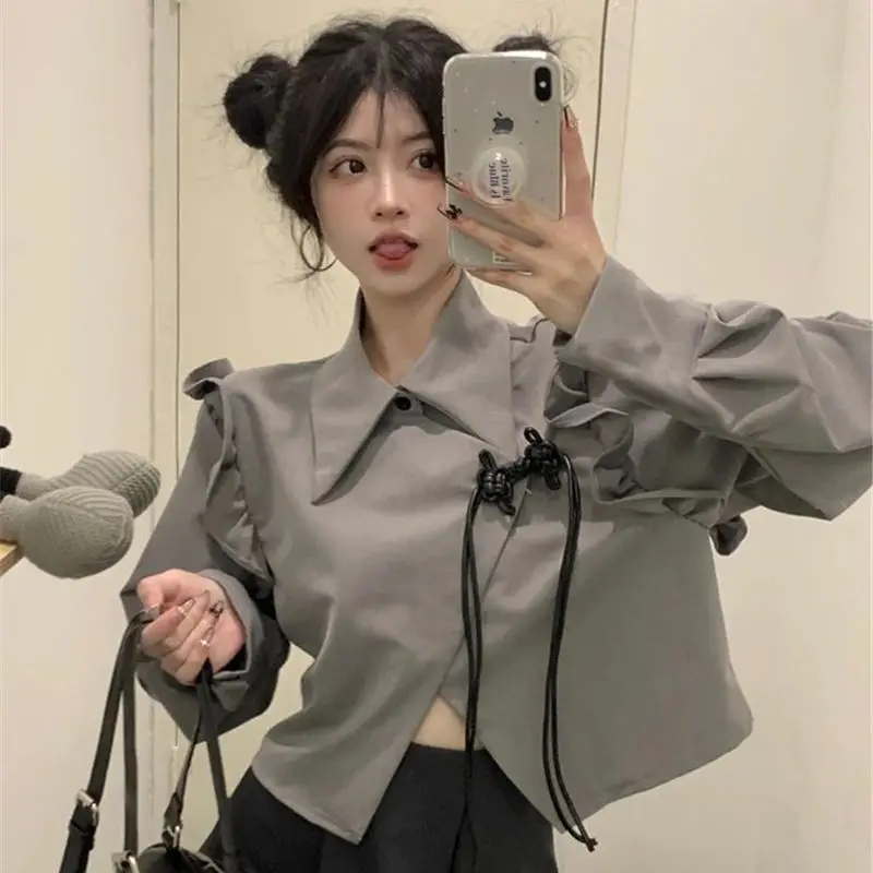 Flying Sleeves Shirts Women Chinese Knot Irregular Sweet Girls Solid Short Loose Design Office Chinese Style All-match Gentle
