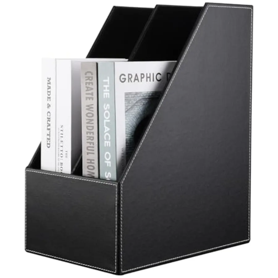 

Wooden Leatherette Desktop File Folder Organizer and Document File Stand Journals Magazine Rack 2 Slots black