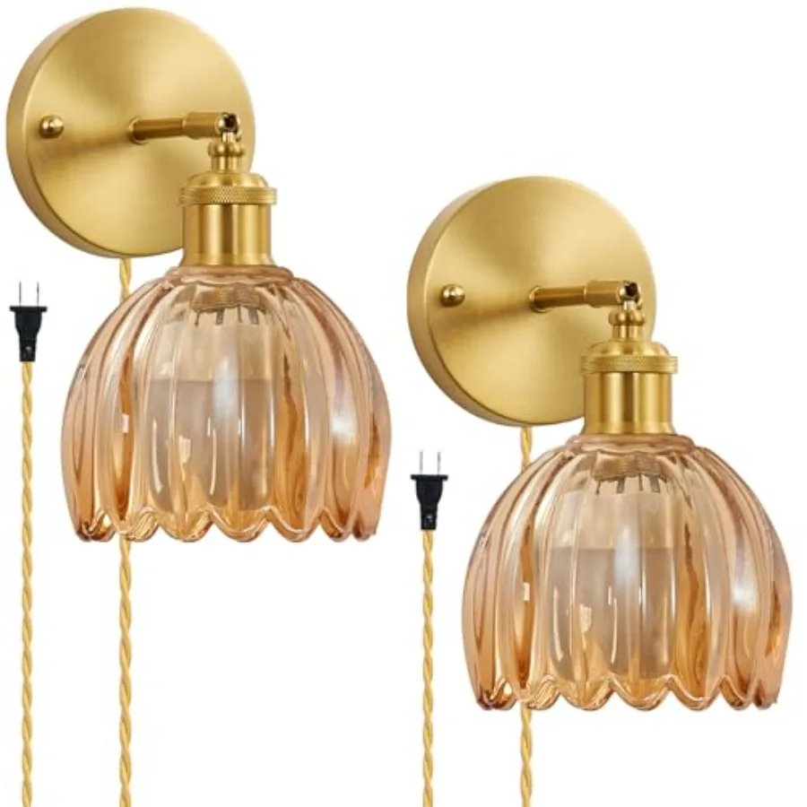 

Plug in Wall Sconces Set of 2 Vintage Wall Lamp with Plug in Cord Tulip Shade Decor Indoor Gold Wall Light for Bedroom Bedside