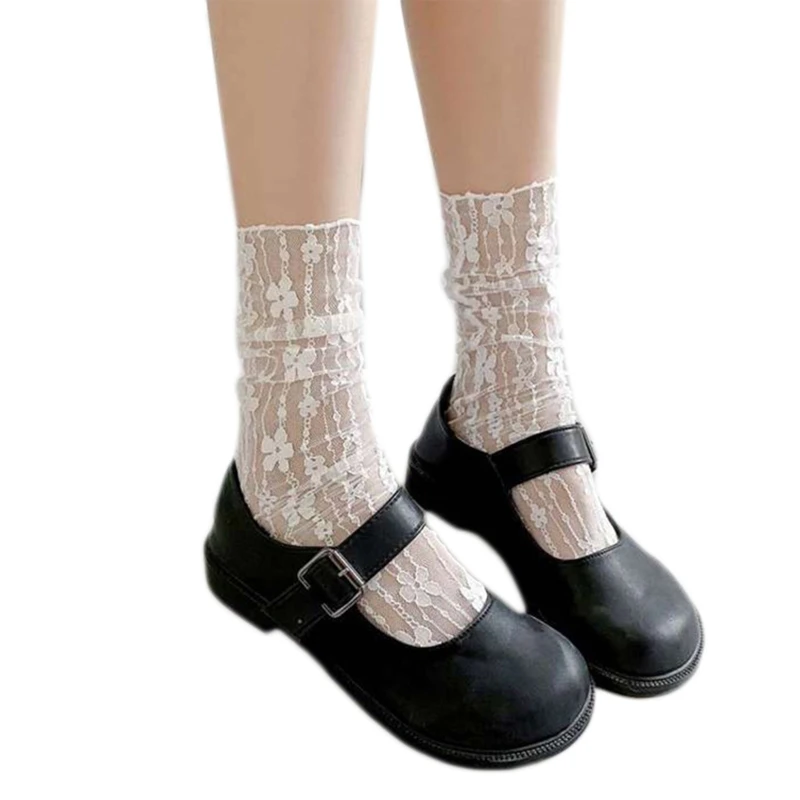 

Women Lolita Japanese Style Mesh Lace Crew Socks Sweet Floral Jacquard See Through Summer Thn Tulle Mid Tube Hosiery