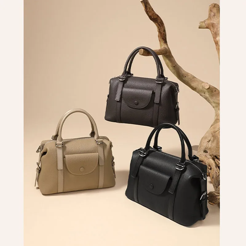 

Fashion Ladies Retro Portable Handbag Cowhide Genuine Leather Large Capacity Tote Boston Bag for Women Shopping Accessory