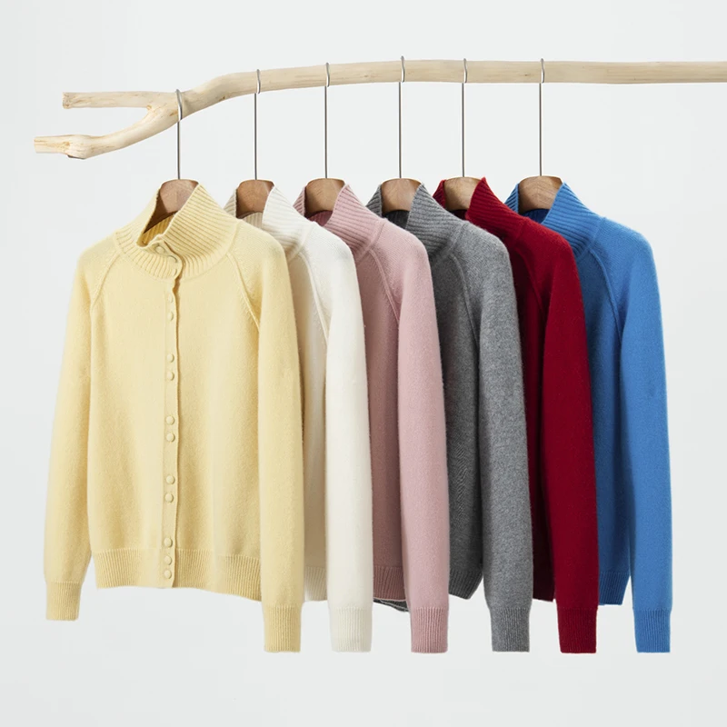 Women's Turtleneck Button Thickened Cardigan 100% Cashmere Multi Color Casual Long Sleeve Sweater Autumn Winter Warm Knit Coat