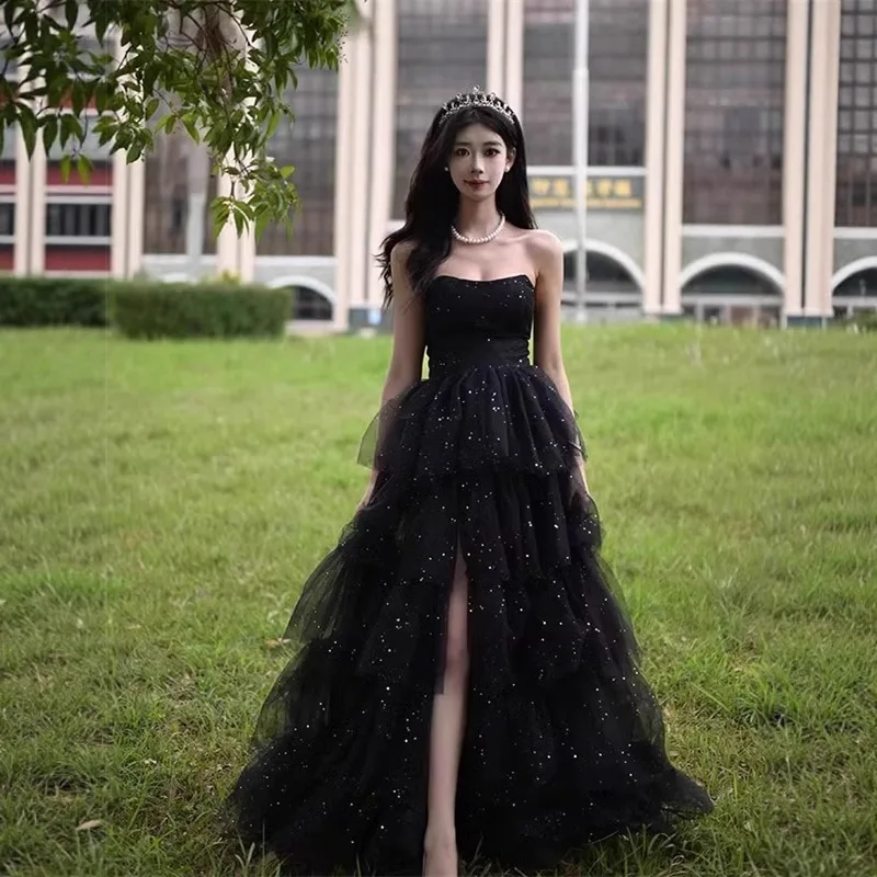 

Новое женское вечернее платье 2025 года в стиле принцессы для дня рождения, без рукавов, с воротником-стойкой, шелковое, с многоярусной юбкой, для студенток, нарядное
