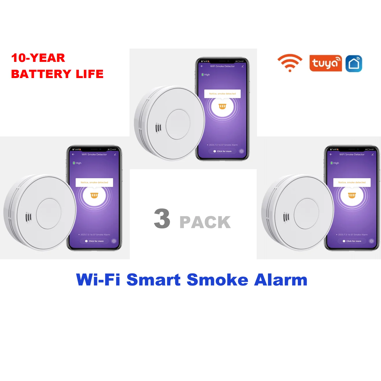 WiFi Smart Smoke Detector with 10 Years Battery, WiFi Fire Alarm with Tuya App, Conforms to EN14604, VS01W, 3-PACK