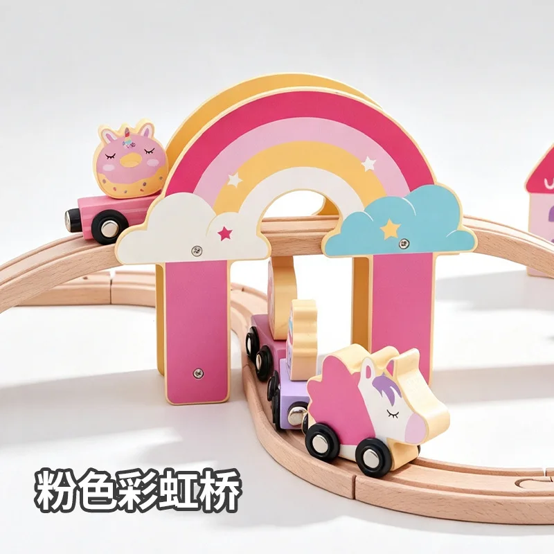 B503 Wooden Track Toy Set Children's Educational Assembly Train Set Rainbow Bridge Castle Accessory Building Toys