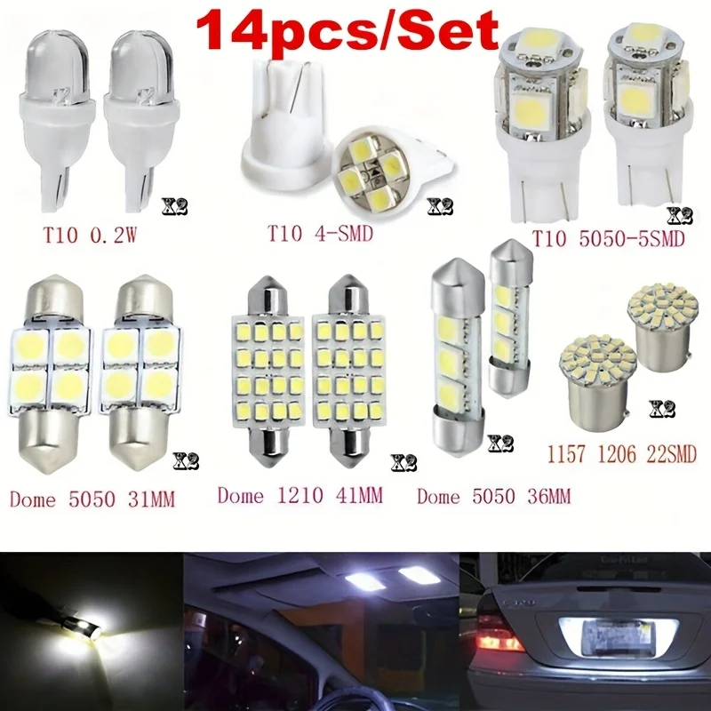 

14Pcs LED Car Interior Lights T10 6000K SMD LED Replacement License Plate/Reading Light Bulbs Xenon White Interior Light Bulbs