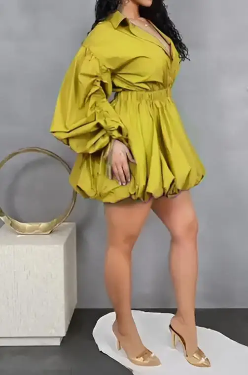 فستان جديد غير رسمي بأكمام برباط لعام 2025 وخصر منتفخ وياقة قميص وأكمام طويلة، مثالي للمناسبات غير الرسمية