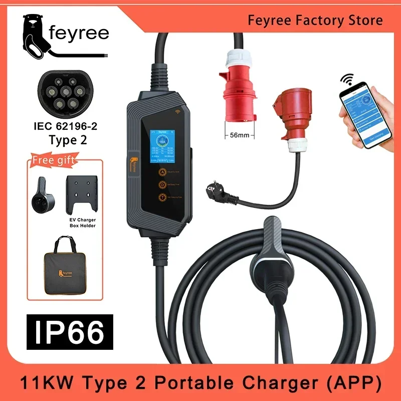 

feyree Type2 Cable Portable EV Charger 11KW 16A 3P Car Charger Wi-Fi APP Control EVSE Charging Box CEE Plug for Electric Vehicle