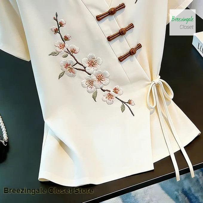 Chinese National Wind V-Neck Heavy Industry embroidery Improved Shirt Women's Summer Design with Diagonal Buckle Tie-Up Blouse