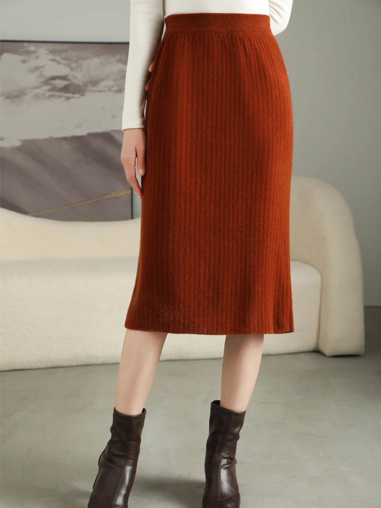 

Yoyoselect New Women 100% Merino Wool Skirt Autumn Winter Pleated High Waist Skirt Office Lady Grace Dress Cashmere Knitwear