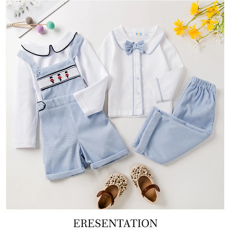 2026 New Boys Suits Formal Luxury Children Clothes Baby Blouse+Suspenders Pants Gentleman Sets Wedding Kids Smocked Outfits