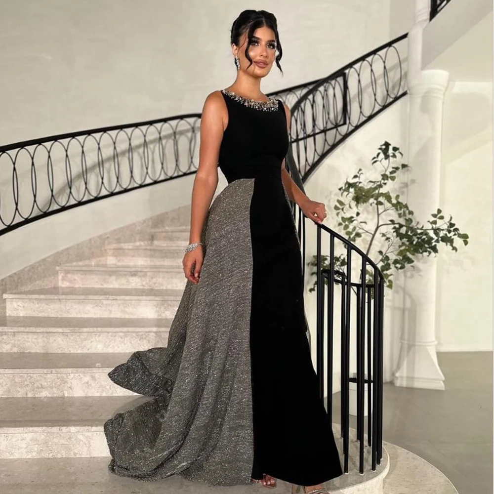 

Customized O-neck Backless Beading A-line Black Jersey Evening Dress Watteau Train Sleeveless Floor Length Gown فساتين سهرة