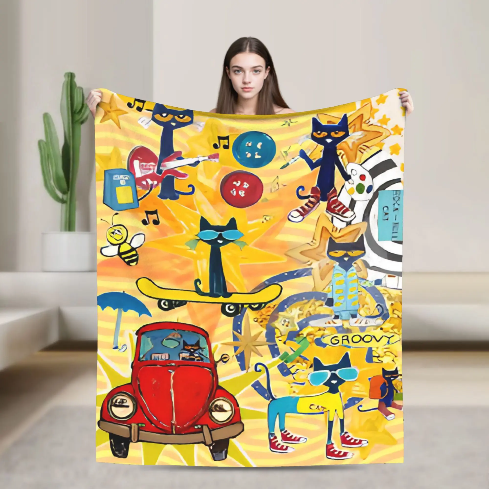Pete the Cat  Cool Kitten Blanket Cartoon  Flannel Vintage Soft Throw Blanket for Home Autumn/Winter