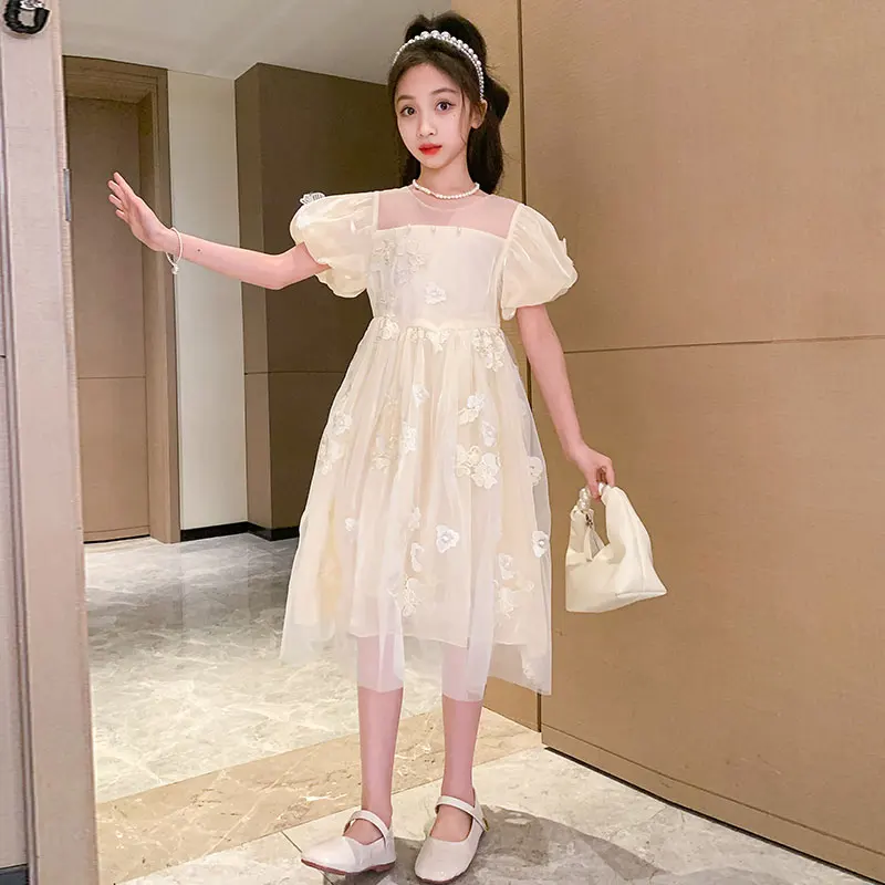 High Quality Summer Child Sweet Chiffon Voile Dress with Butterfly on the Back for Kids Girl Luxury Butter Fly Embroidery Dress
