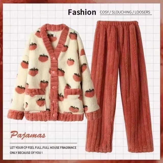 Damski zestaw ciepła piżama flanelowa truskawkowy Kawaii dziewczęca zimowa flanelowa bielizna nocna damska ciepła aksamitna odzież strój domowy codzienny