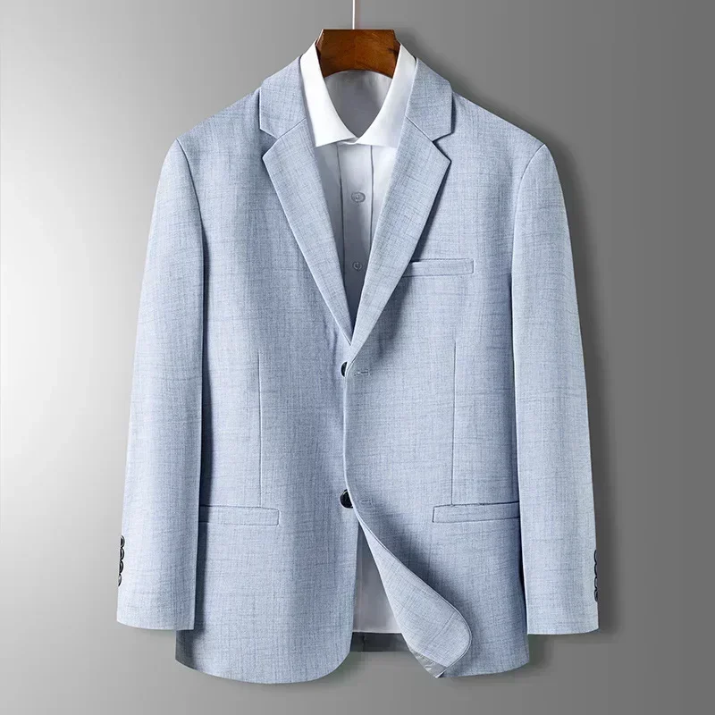 Spring Autumn Men\'s Blazer Thin Section Slim Fit Plaid Jacquard Casual Suit Jacket Gray Blue Beige Coat Costume Homme