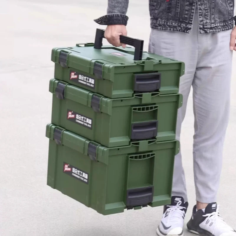 Set Kotak Perkakas Bertumpuk, Kotak Penyimpanan Perkakas Tebal, Portabel, untuk Perkakas Listrik dan Pertukangan, dengan Roda Dorong