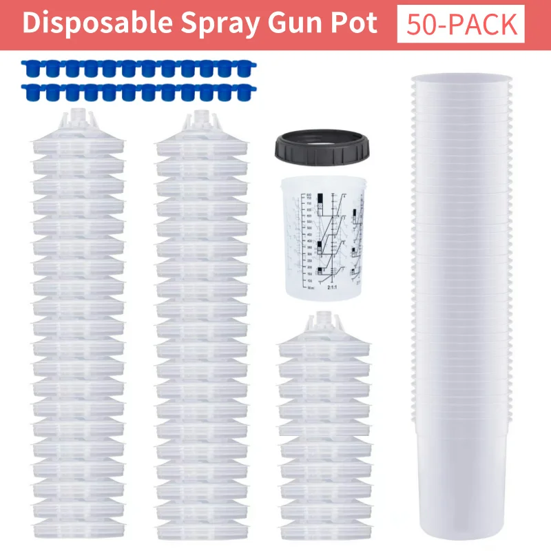 Disposable Paint Spray Gun Cup Liners and Lid System,50 Pack Mini Size 6 Ounce (180ml) Kit,Type H/O Quick Cup,Paint Mixing Cup