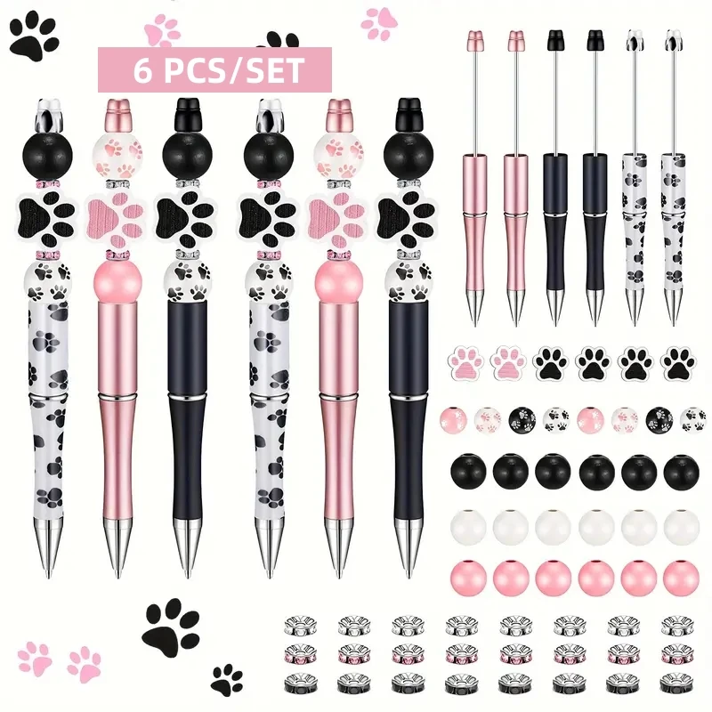 

6PCS/SET Pink and Black Dog Paw Print DIY Ballpoint Pens, Cartoon Style DIY Beaded Pen Set, for Learning, Writing, and Office