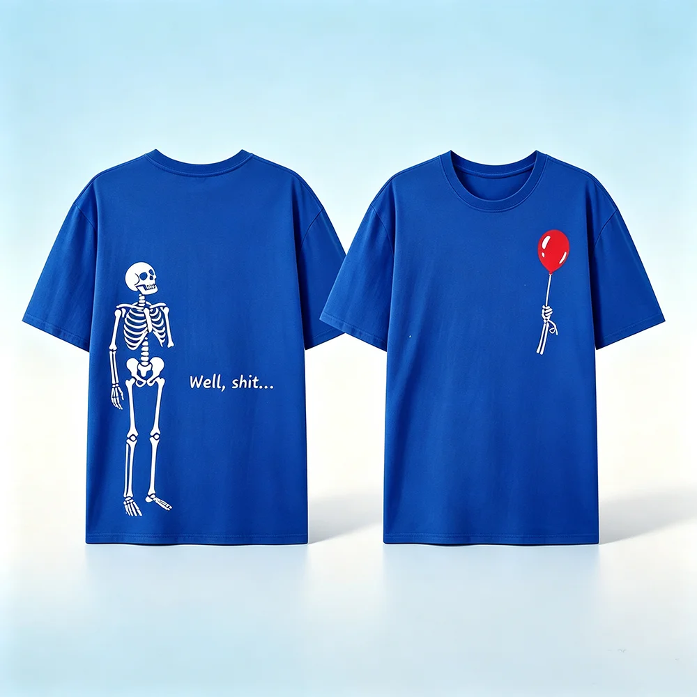 Unisex Skeleton Hold Red Balloon Graphic Shirt Front Back Print Short Sleeve O‑Neck Casual Tee Funny Skeleton Slogan Streetwear
