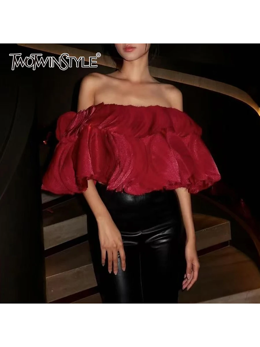 TWOTWINSTYLE Solid Spliced Fungus Temperament Vests for Women Slash Neck Off Shoulder Elegant Vest Female Fashion Clothing New
