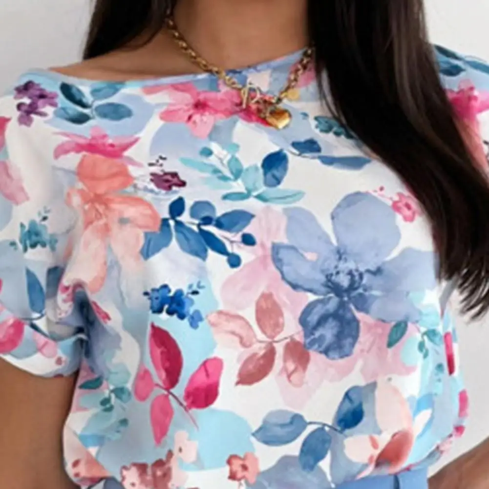 

Elegant Women Summer Shirt O-Neck Short Sleeve Loose Tee Shirt Flower Printing Casual Work Blouse