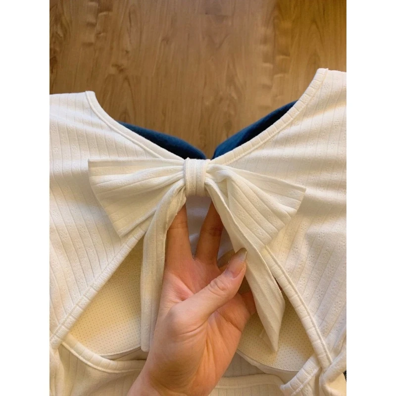 Niche Design with Hollowed Out Back Short Sleeved T-shirt for Women Summer Fashionable Bow Tie Chest Cushion Slimming Short Top