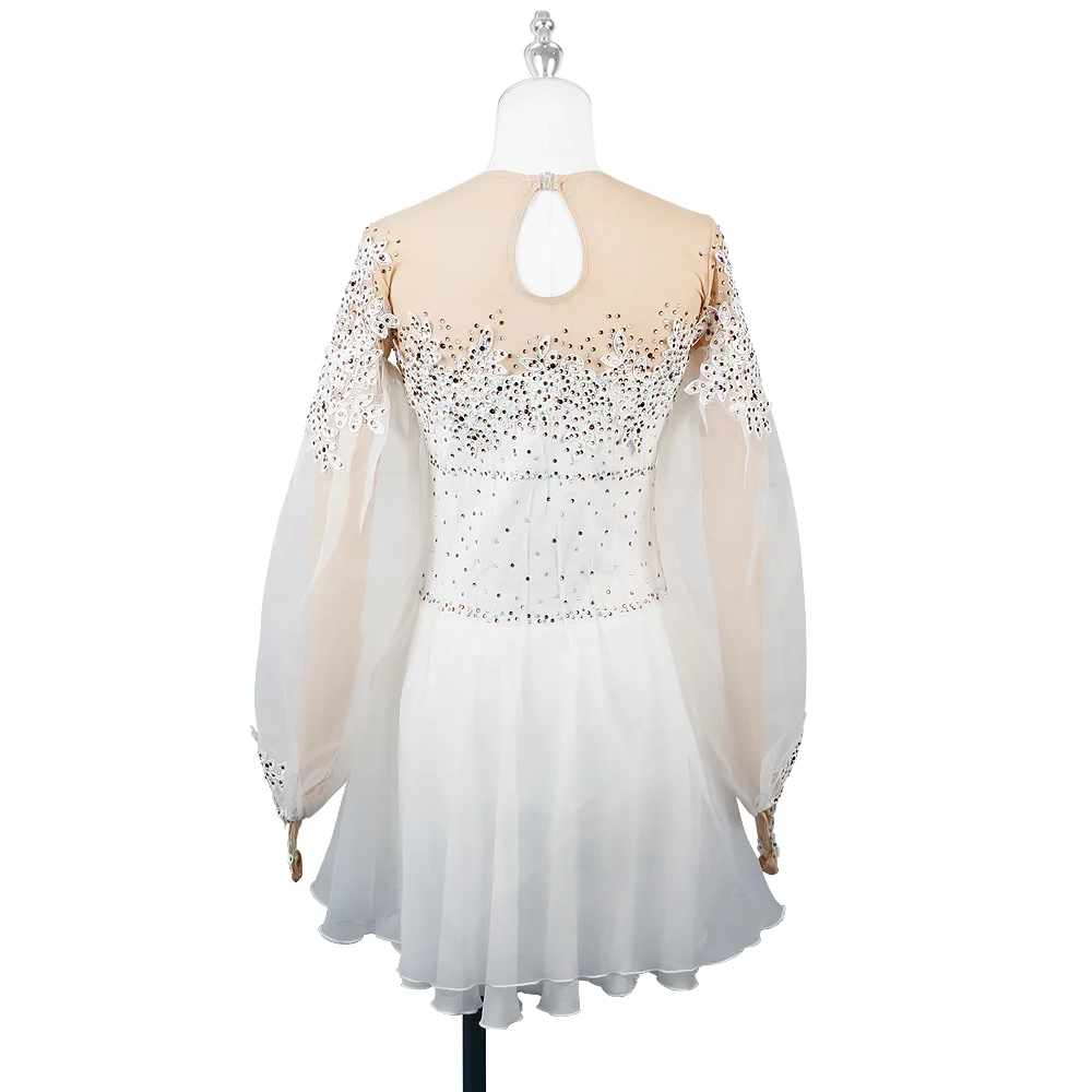 ZAGITOVA Figure Skating Dress Women Girls Long Sleeve Ice Figure Skating Skirt Puff Sleeve Princess Dress Rhinestones