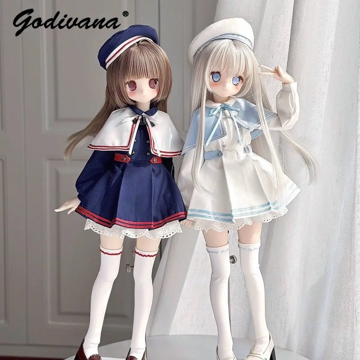 1/4 BJD Doll Clothes Preppy Sweet Gemini Navy Sailor Hat Suit Elegant Nautical Cape Sailor Long Sleeve Dress with Lace Hem