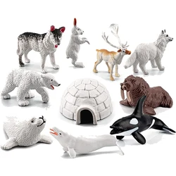 Realistic Polar Animals Model Figurines Toy Arctic Animal Figures Polar Bear Reindeer Seal Wolf Rabbit Arctic Fox Igloo 10PCS