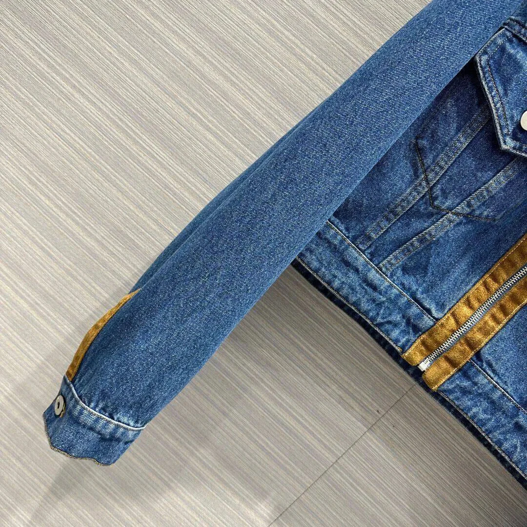 Jaqueta jeans de retalho de manga comprida feminina, lapela, casaco curto, azul, streetwear solto, zíper, moda primavera, nova, 2024