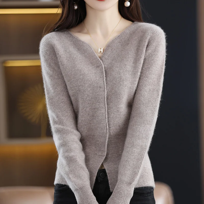 Cashmere Sweater Women\'s Cardigan Scissors Collar Hidden Buckle Pure Wool Sweater Autumn and Winter Coat Waist Slim Commute Top