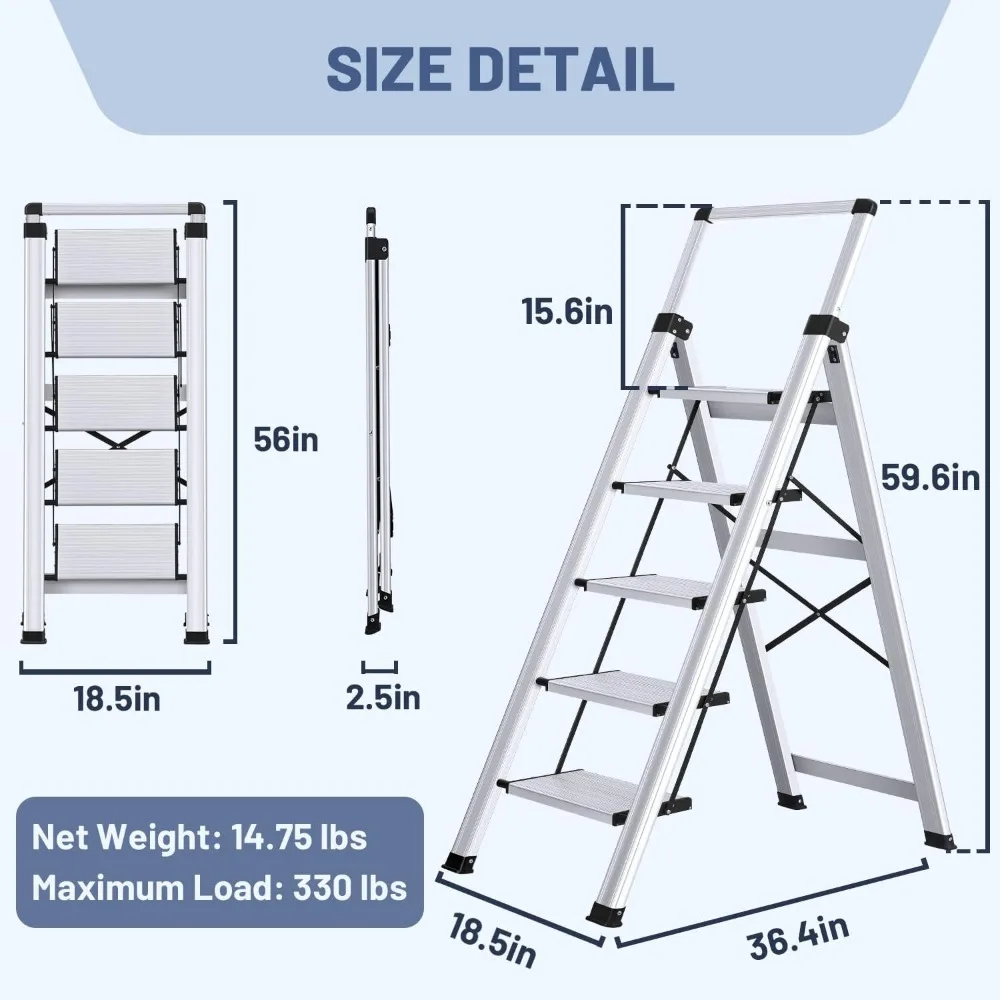 Tangga lipat 5 langkah, bangku lipat pegangan dapat ditarik dengan Pedal lebar Anti licin, bangku aluminium tangga 5 langkah untuk rumah