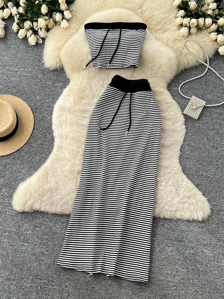 

Ladies Summer Commute Style High Waist Slim Fit Straight Tube Skirt Set with Sash Tie Top And Half Length Skirts