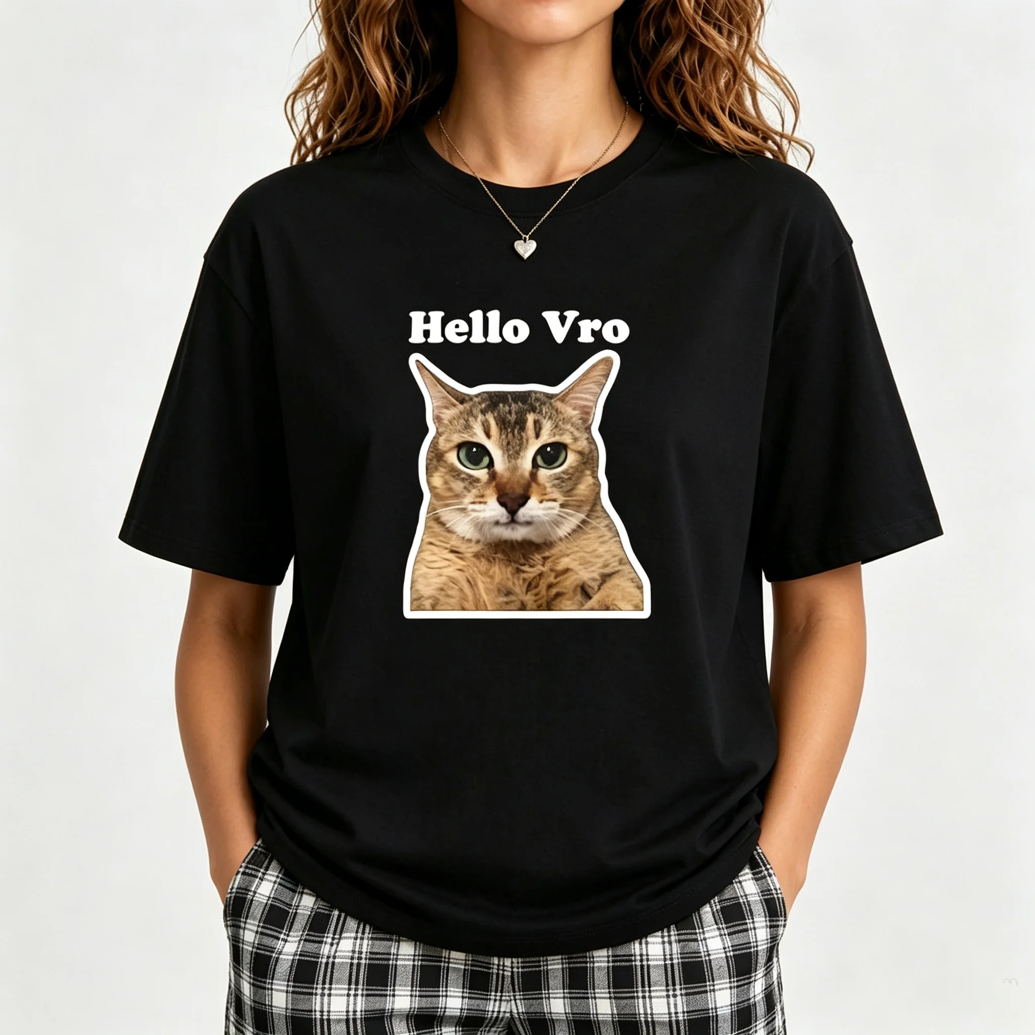 Funny Meimei Cat Meme T‑Shirt Hello Vro Graphic Print Short Sleeve O‑Neck Loose Fit Black Unisex Aesthetic Casual Tee