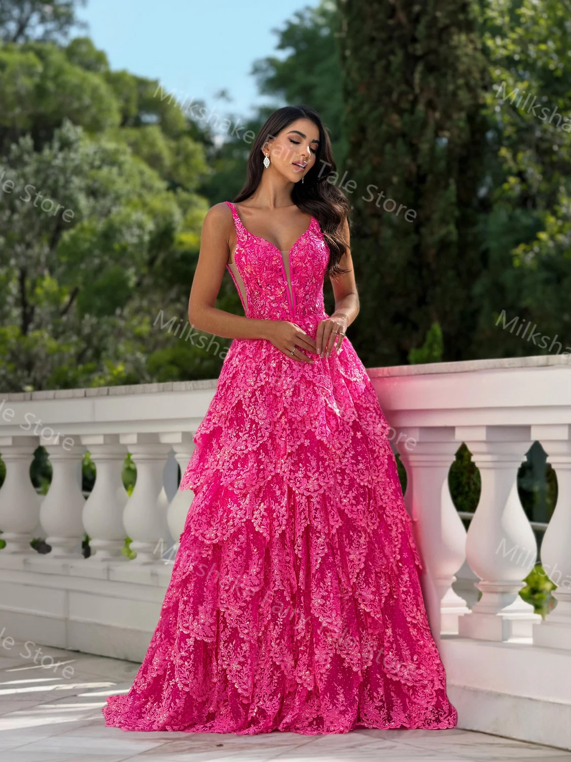Glamorous Fuchsia Prom Dresses Glitter Lace Sleeveless Evening Dresses Tiered Sweep Train Customized vestido elegantes de fiesta - view 5