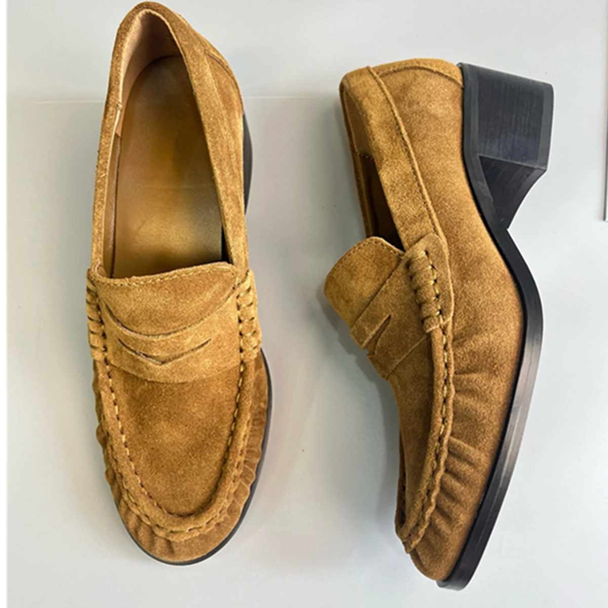 

Maxdutti Nordic Minimalist Cow Suede Brown High Heels Fashion Commuting Casual Moccasin Loafers Women Slip On Shoes