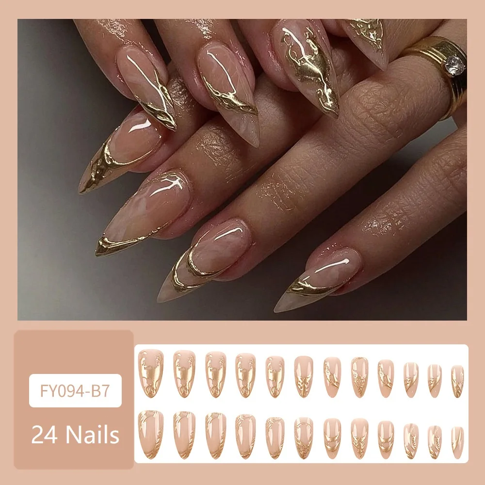 Almond Press on Fake Nails Gold Foil Glitter Artificial Nails Full Cover French Detachable False Nails 3d Gold Nails Press on