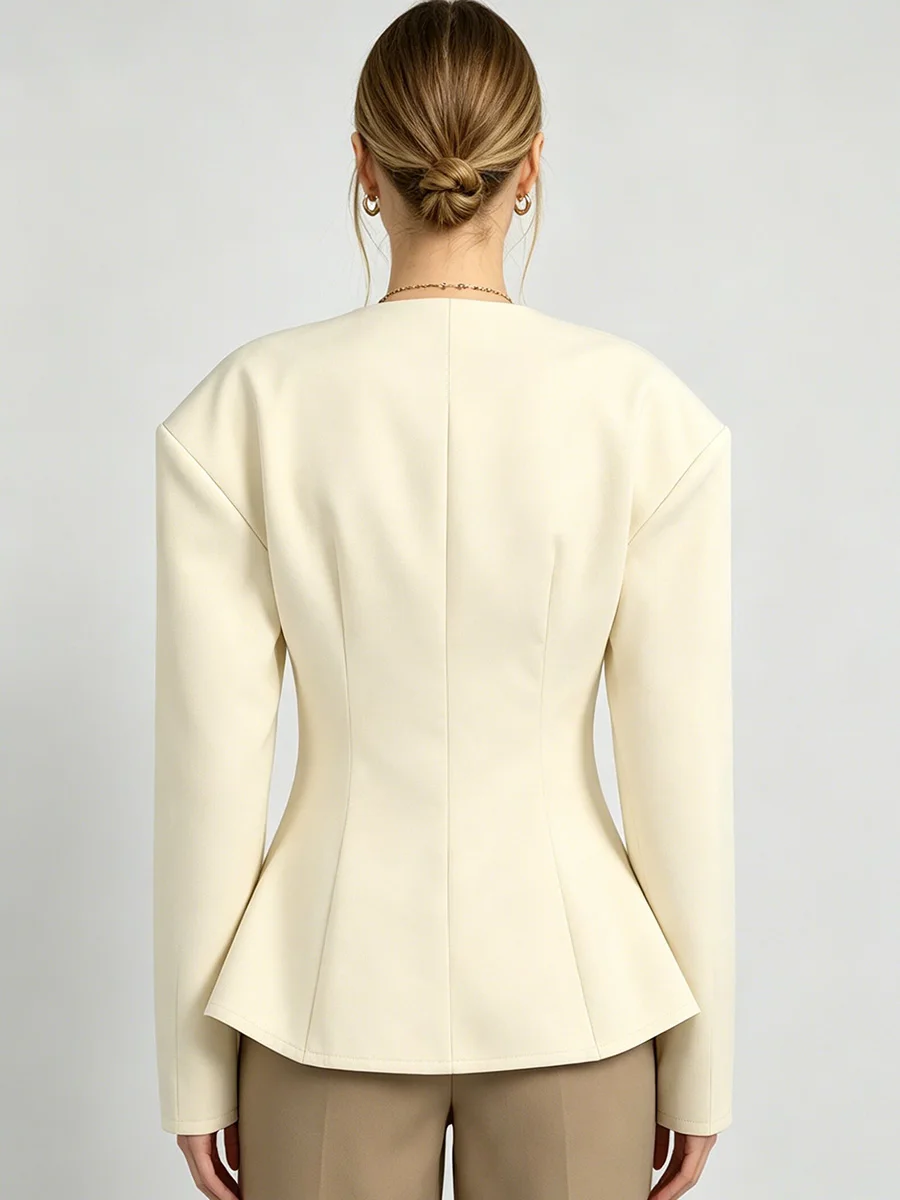 LIMO Women's Cream White V-Neck Blazer Elegant Single Breasted Long Sleeve Peplum Hem Fitted Jacket For Office Party