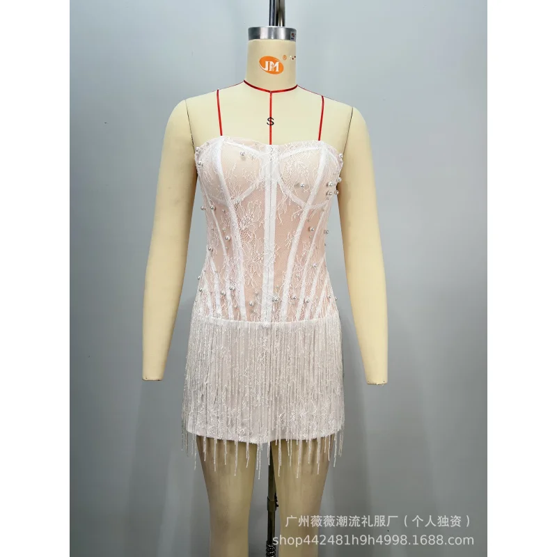 

Новое поступление, женское белое кружевное мини-платье с кисточками и бисером, элитное мини-платье для дня рождения