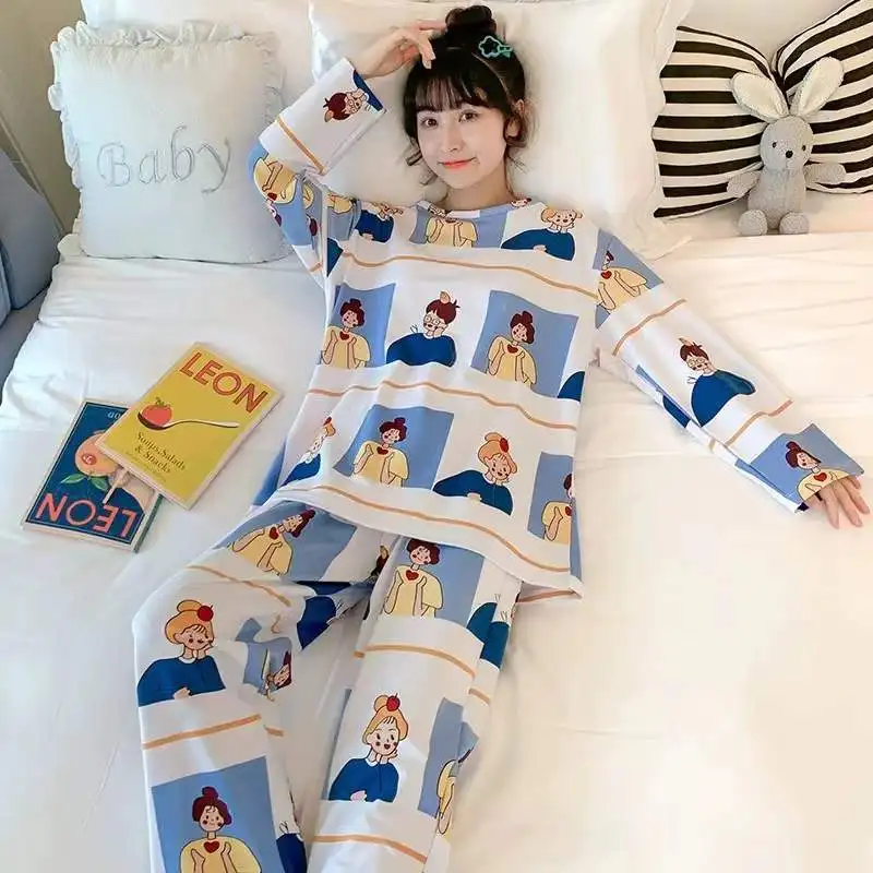 Spring Summer New Cartoon Women\'s Pajamas Set Long-sleeved Trousers Two-piece Home Clothing Girls Cute Soft Casual Loungewear