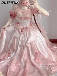 Pink Lolita High Waist Slimming Bow Sweet Girls Op Dress Heavy Industry Trailing Off-shoulder Banquet Princess Dresses